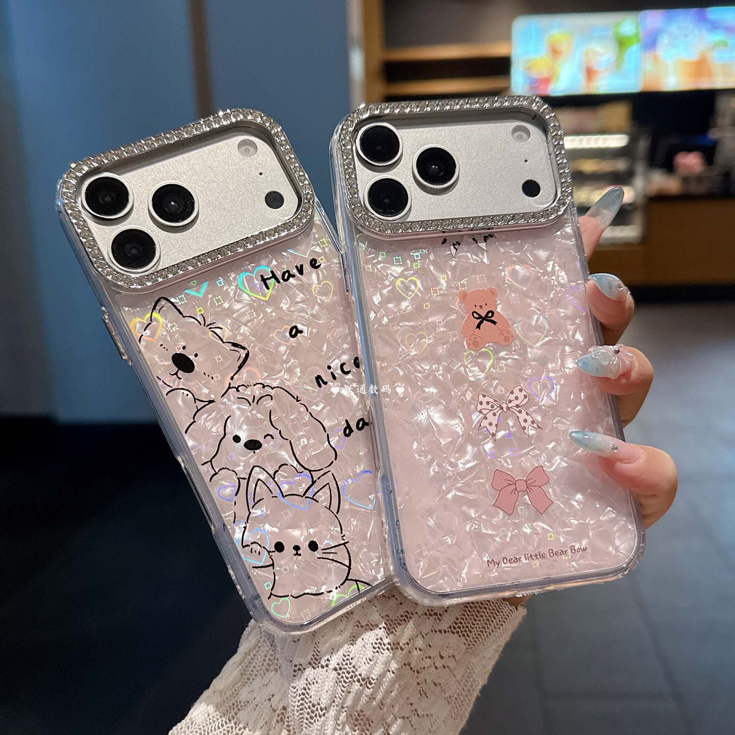 镭射爱心贝壳纹适用17promax/18PRO卡通手机壳iPhone16可爱15透明闪粉大孔镶钻边框高级感14网红13渐变保护套