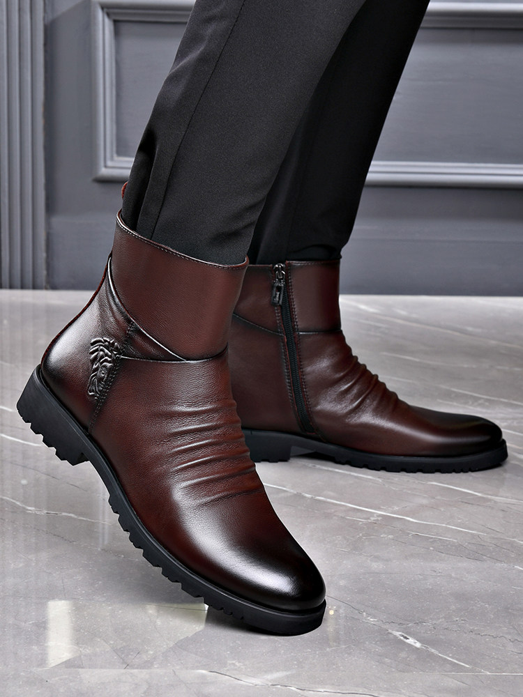 真皮马丁靴男高帮英伦风中帮潮鞋工装加绒保暖雪地靴冬季黑色男鞋