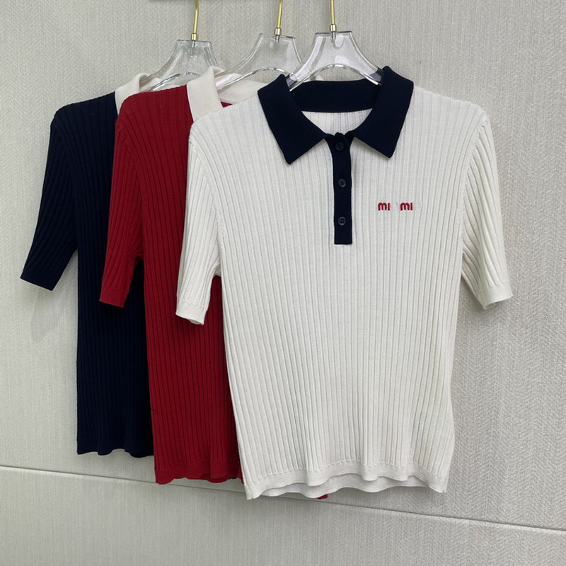 篙端进口丝绒撞色Polo翻领上衣 羊毛真丝羊绒胸前字母短袖针织衫
