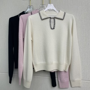 法式优雅名媛风重工手工撞色钩边水滴型翻领羊绒衫女 温婉娇俏