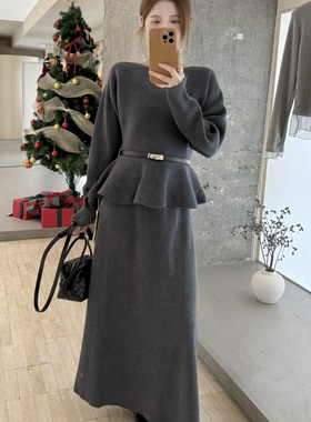 VI+（唯一家）-韩风气质针织衫+百搭针织半身裙套装(配腰带)50936
