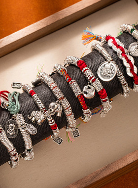 国潮盘缠碎银手串黄财神手工棉绳手链可调节叠戴手绳招财开运