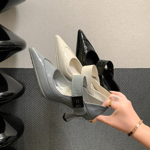 高定全羊皮真软鞋尖头运动高跟鞋