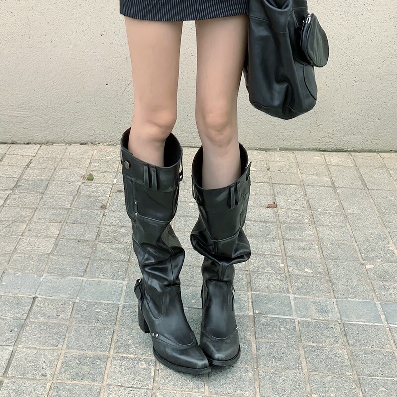 大筒围靴子女2026年黑色堆堆靴女