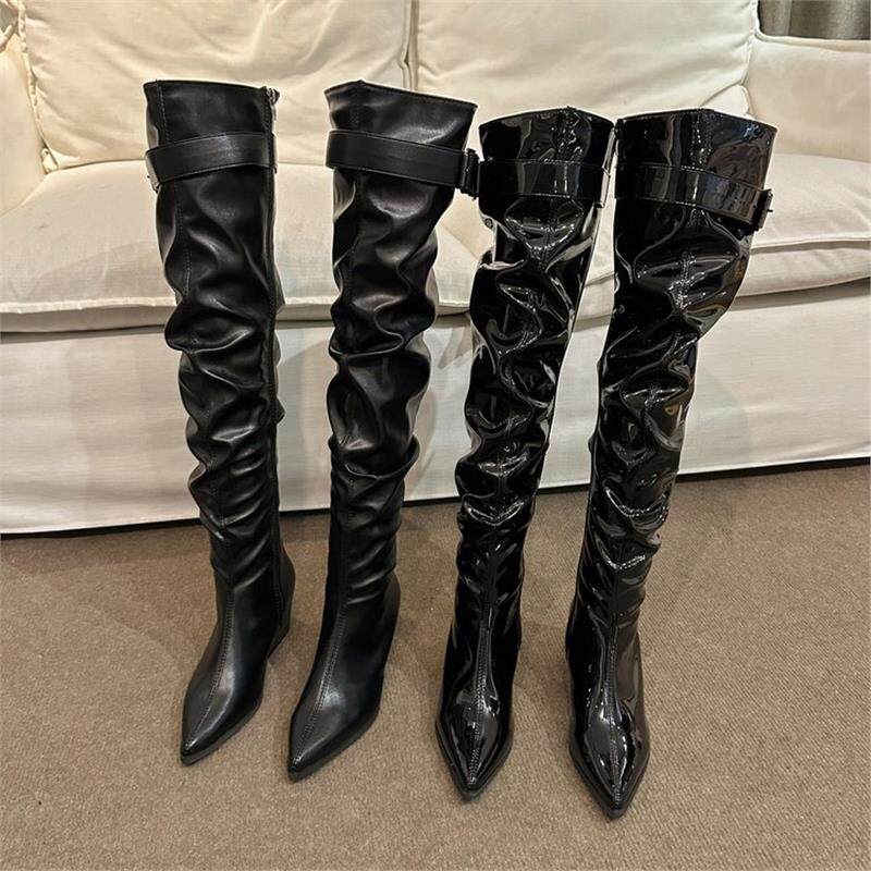 黑色粗跟过膝长筒靴大筒围堆堆靴褶皱高筒长靴女尖头靴秋冬两穿款,女鞋,时装靴,淘宝优惠券,粉丝福利购,淘宝优惠卷