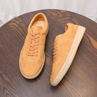 2026年春新潮个性薄底板鞋男式水洗牛皮手工英伦复古风百搭德训鞋