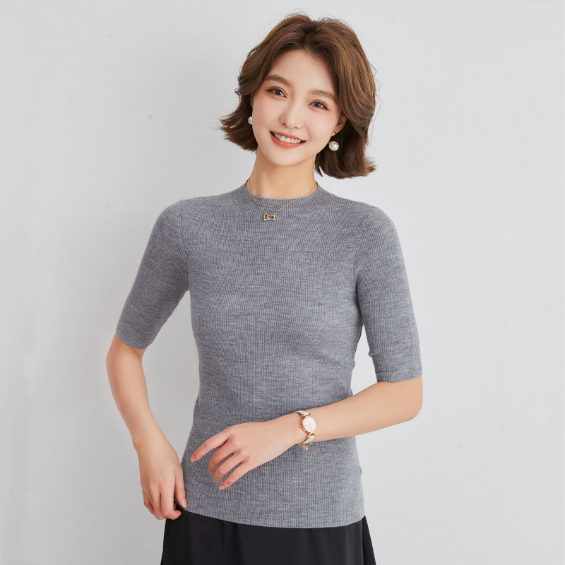 精纺修身打底半高领短袖T恤女半袖澳洲极细美丽诺纯羊毛针织衫夏t