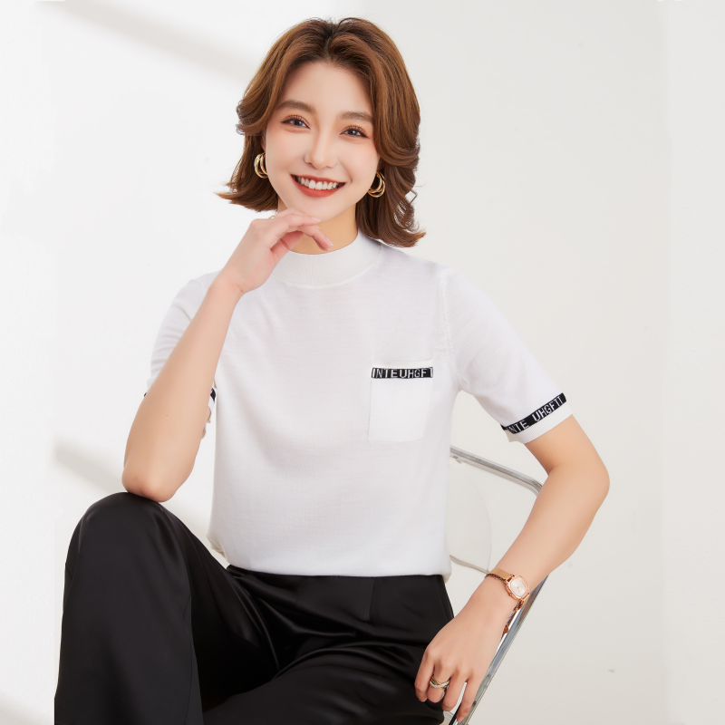 短袖修身薄款拼色针织女圆领T恤