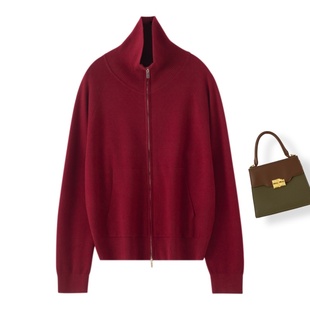 扬子纱立领拉链春秋新精纺100%纯羊毛衫女半高领针织开衫外套上衣