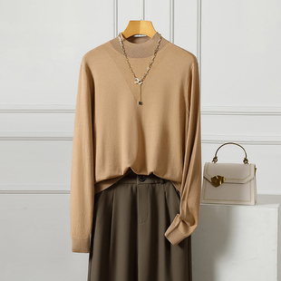 可机洗高端扬子纱精纺羊毛衫女100%纯羊毛半高假V领薄针织打底衫
