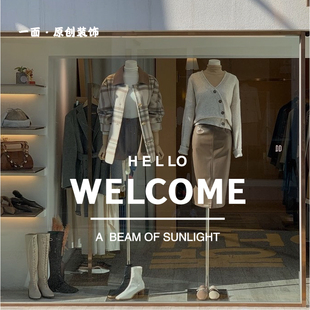 welcome欢迎白色玻璃贴纸ins英文字母贴店铺橱窗玻璃背景墙装饰