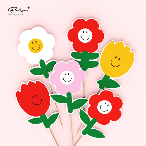 花朵ins蛋糕复古节日插旗蜡烛插件生日快乐笑脸插牌蛋糕烘焙插件