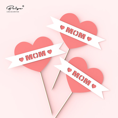 母亲节插件MOM双层粉色爱心蛋糕装饰妈妈我爱你烘焙甜品心形插卡