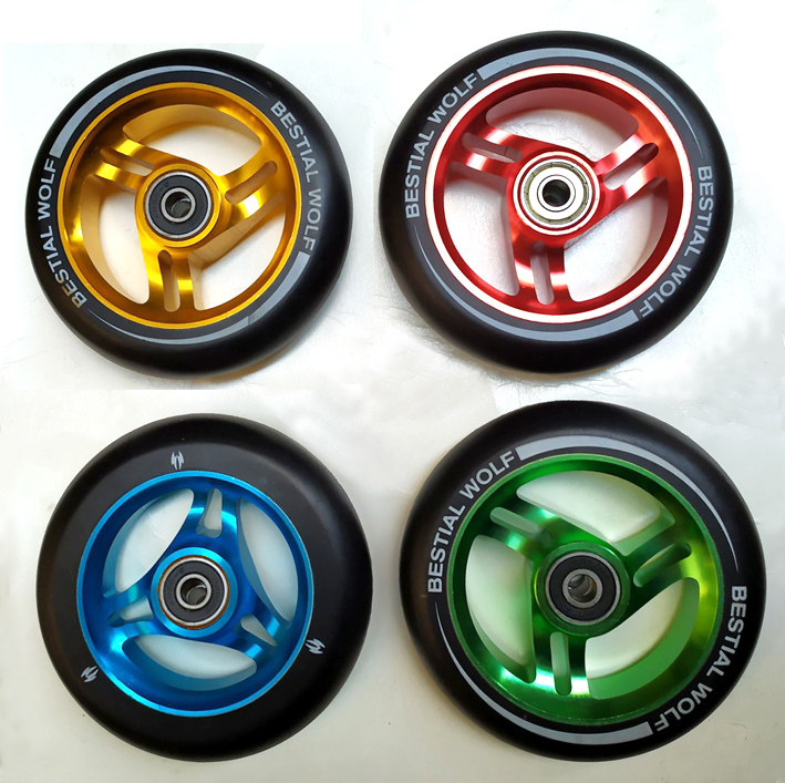 110MM极限滑板车轮子铝合金PU轮子推车拖车拉车高弹100MM轮4寸