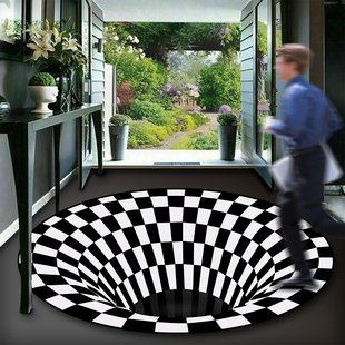 跨境3D立体视觉圆形地毯黑白格错觉狗狗眩晕地毯陷阱网红养狗地垫