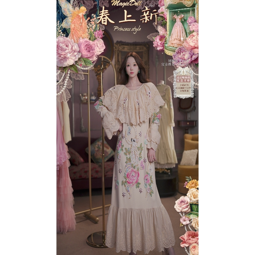 0317直播101洛可可宫廷·芍药花团·披肩领蕾丝连衣裙