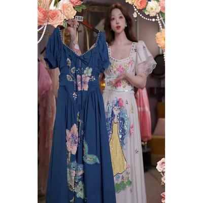 0530直播188高端618抢先购莫奈蓝刺绣连衣裙80-120