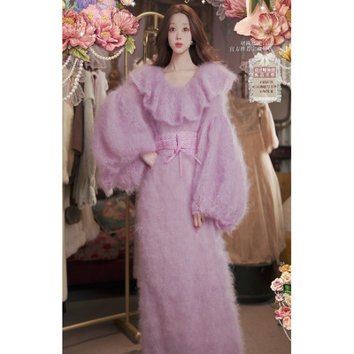 1116直播188 至臻进口仙品《紫百合》羊毛连衣裙皮草围巾4件套