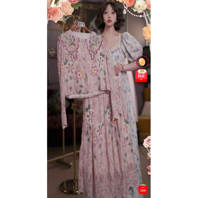 0507直播271高端春夏上新油画粉紫上衣半裙重工刺绣2件套80-120