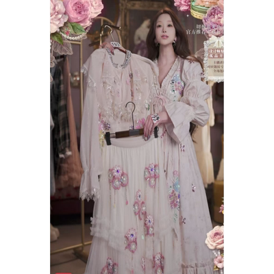 0310直播193高端焕新周春上新奶茶白水晶刺绣上衣裙子2件套80-120