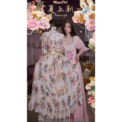0723直播159洛可可复古[绮梦兔公主]中古披肩领刺绣赫本长裙