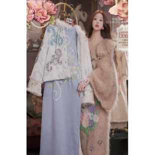0111直播294高端新年焕新新品雾凇蓝水晶花卉外套裙子2件套80-120