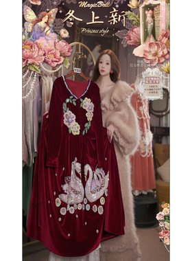 0107直播155洛可可插画·古堡天鹅湖·丝绒宝石红连衣裙3件套