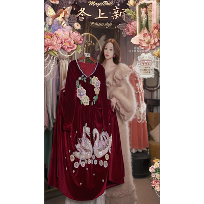 0107直播155洛可可插画·古堡天鹅湖·丝绒宝石红连衣裙3件套