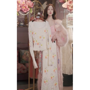 0127直播284高端新年焕新新品珍珠白水晶刺绣上衣裙子2件套80-120