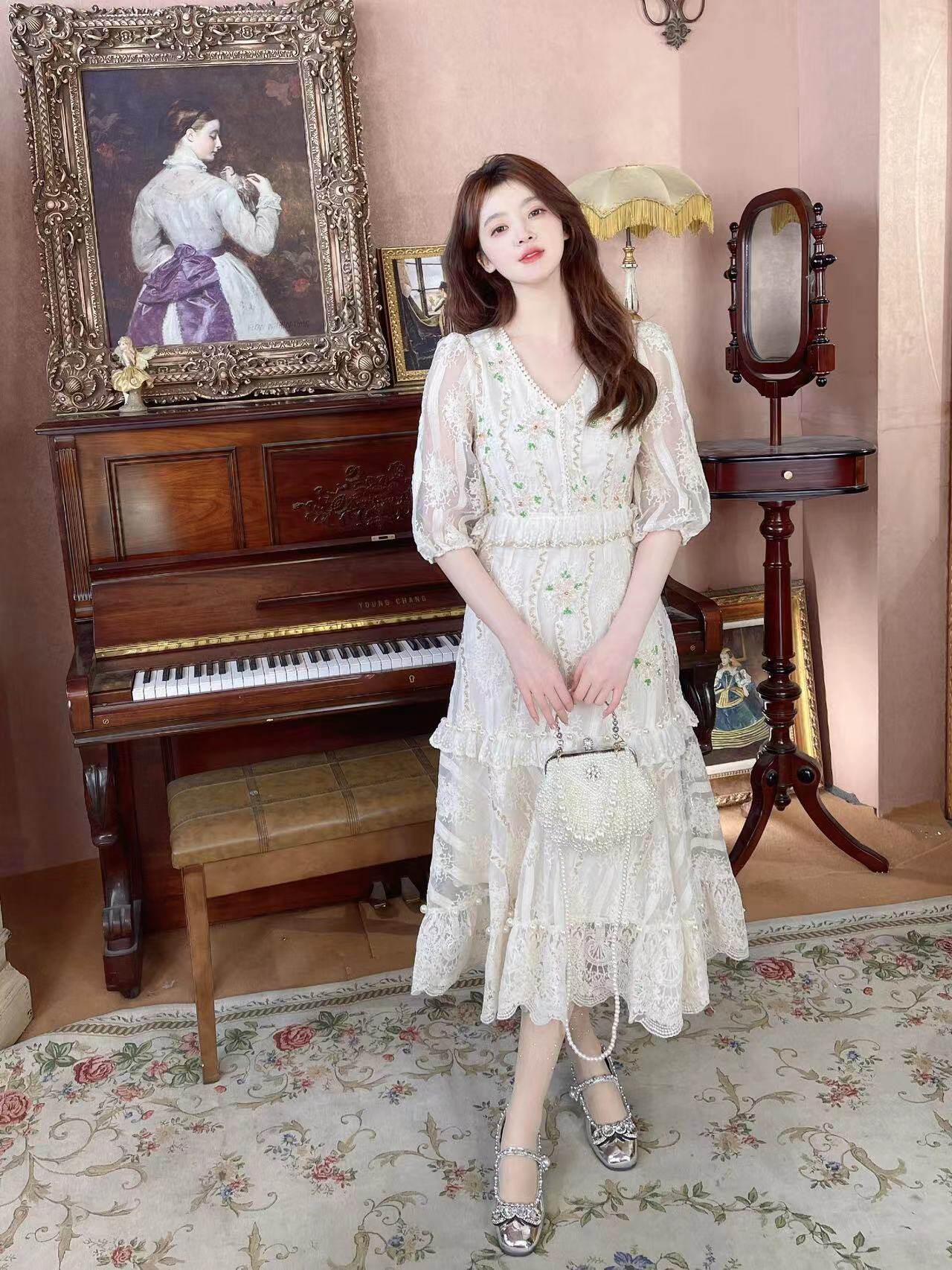 0220直播194高端玫瑰公主水晶刺绣复古连衣裙腰带2件套