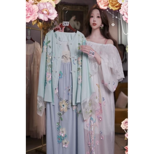 0705直播241高端服饰夏上新薄荷绿重工刺绣吊带裙外套2件套80-120