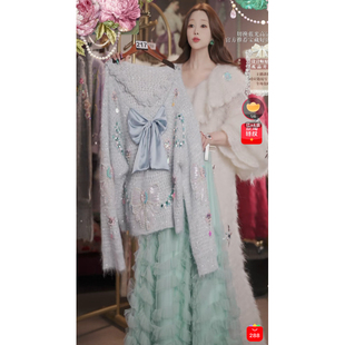 0219直播217高端年货新品焕新淡雅蓝水晶刺绣上衣裙子2件套80-120
