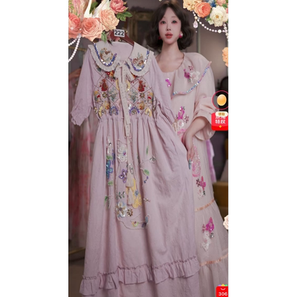 0604直播222高端618狂欢季淡雅紫糖霜蝴蝶刺绣连衣裙80-120