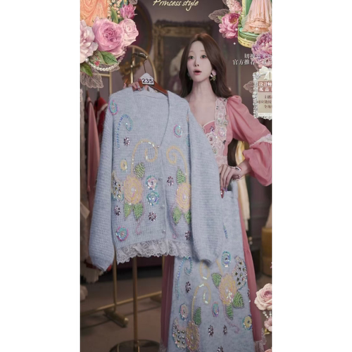 0317直播235高端春上新重工温暖蓝玫瑰上衣半裙2件套80-120