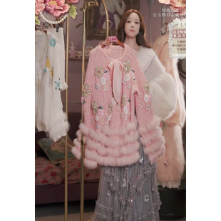 1206直播288彩蛋双12抢先购奈莫粉狐狸毛上衣裙子两件套80 120