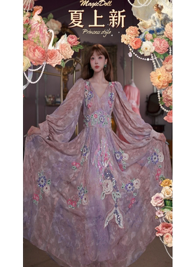 0608直播117洛可可珍藏级【花影人鱼】法式V领泡泡袖中古仙女裙