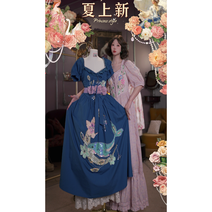 0523直播132洛可可夏日限定·深海华尔兹·泡泡袖蓝色v腰宫廷裙