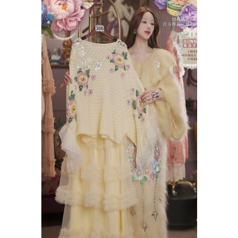 0302直播306高端元宵喜乐新品香槟黄水晶刺绣上衣裙子2件套80-120