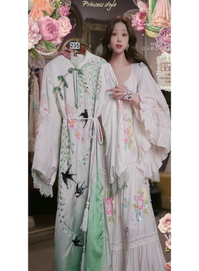 0410直播235高端超级88新品宣温婉薄荷飞燕刺绣旗袍裙80-120