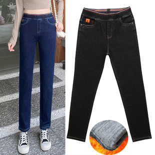 中年妈妈松紧带高腰显瘦保暖长裤 秋冬新款 子 女小脚裤 加薄绒牛仔裤
