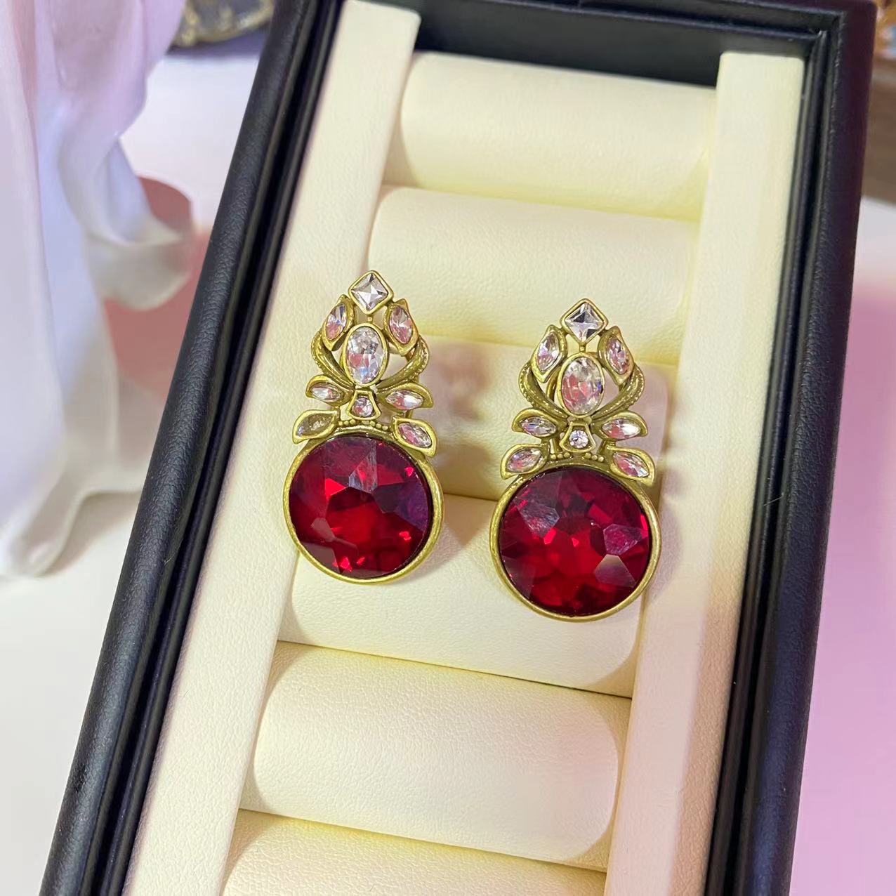 【绯影】红宝复古花丝耳坠 宫廷风彩宝镶嵌耳饰