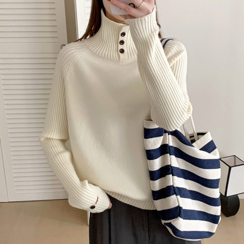 1015k秋冬女上衣韩式休闲风高领毛衣宽松百搭钮扣针织衫显瘦打底