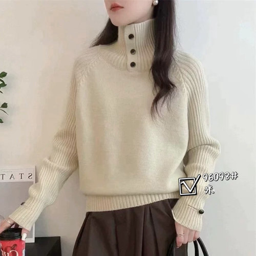 法式温柔风高领套头毛衣女宽松慵懒纽扣针织衫保暖上衣