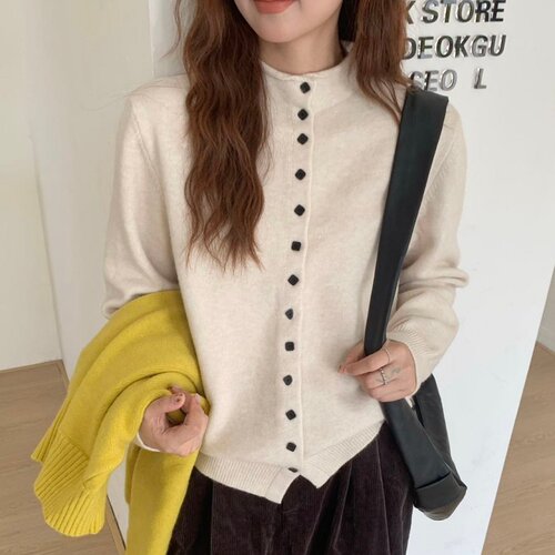 1015k秋冬女上衣韩版立领单排扣纯色针织衫2026新款简约洋气长袖