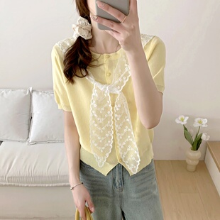 小上衣 女百搭短款 蕾丝围2025春夏韩系风小个子蕾丝披肩短袖 针织衫