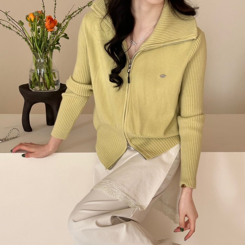 欧洲站早春新款时尚糖果色翻领休闲拉链短款小个子针织开衫小外套