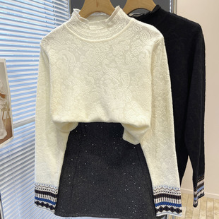 2025新款白色蕾丝领提花针织衫女长袖显瘦气质优雅上衣