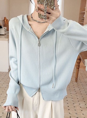 连帽双拉链软糯长袖针织开衫毛衣外套女春季时尚气质帽衫休闲上衣