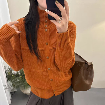 复古编织风高领针织开衫女秋冬纽扣毛衣外套可外穿内搭上衣