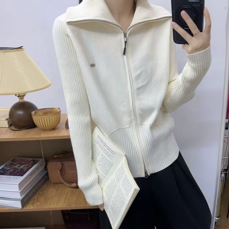 欧洲站早春新款时尚糖果色翻领休闲拉链短款小个子针织开衫小外套